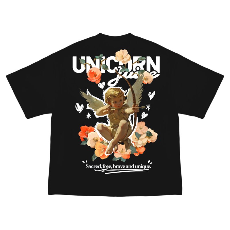 JuiceUnicorn 2025夏重磅纯棉落肩短袖男女复古天使翅膀花卉美式T