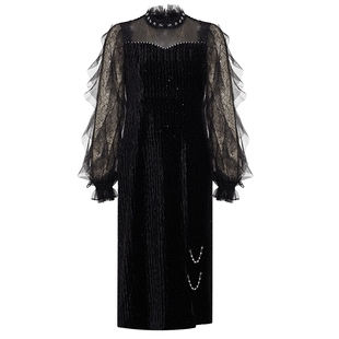 FEXATA斐格思连衣裙2025冬季新品开叉丝绒小黑裙华丽复古礼服裙