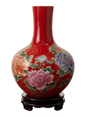 景德镇陶瓷牡丹插花红色粉彩花瓶