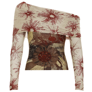 WEEKEEP欧美古着感印花一字肩网纱拼接长袖T恤女性感显瘦辣妹上衣