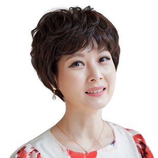 美禾 短发假发女全头套透气妈妈真发发套 时尚中老年短卷发假发套