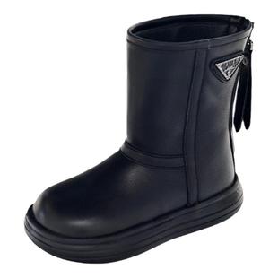 贝然儿童靴女童真皮中高筒靴真皮秋冬加绒棉靴单靴轻便皮靴马丁靴