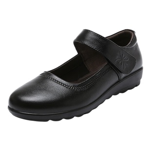 中老年妈妈42一字拉带单鞋43老人3433圆头方口皮鞋女真皮软不累脚