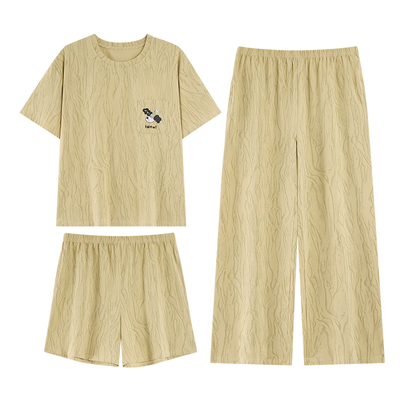 百分百纯棉睡衣女夏短袖三件套带胸垫新款全棉家居服可外穿防凸点