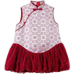 Amila女童国风连衣裙冬季加厚儿童裙网纱拼接小女孩宝宝冬装裙子