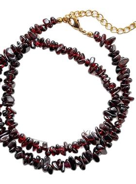 复古百搭暗红色石榴石项链爆款天然石串珠项链长款毛衣链锁骨链