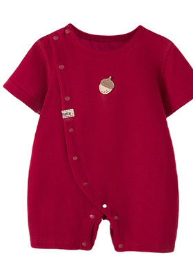 婴儿红色连体衣夏季短袖哈衣婴幼儿爬爬服可爱百天宝宝衣服满月服
