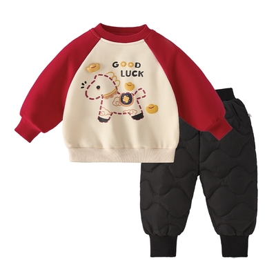 儿童加绒卫衣秋冬宝宝薄绒上衣男小童加厚内搭女童红色打底衫冬季