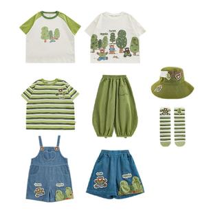 幼悠 男童套装2025夏季新款短袖T恤宽松直筒牛仔短裤小熊苹果套装