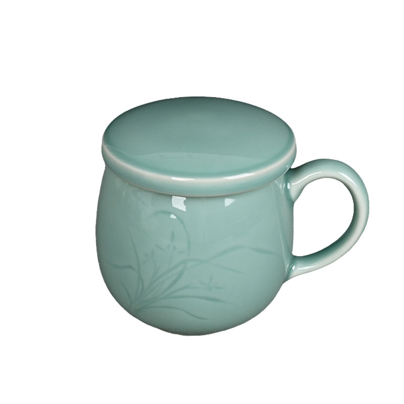 青瓷兰花同心茶杯带茶漏水杯
