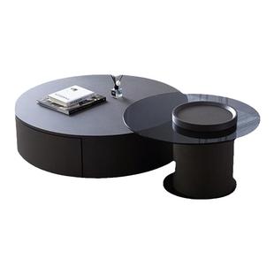 实木纯黑岩板大小圆现代意式简约小户型钢化玻璃伸缩组合高端茶几