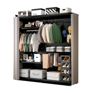 洞洞板简易组装五金衣柜金属衣橱开放式带防尘帘出租房少女衣帽间