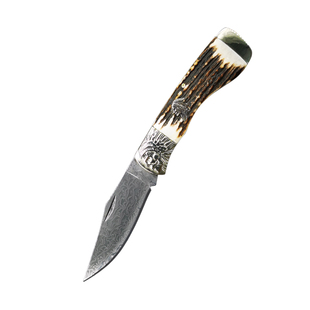 印第安人鹿角口袋刀大马士革vg10钢户外折叠刀野外求生刀防身小刀