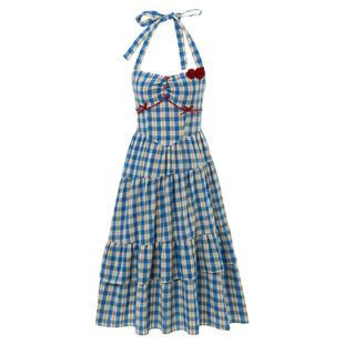 森女部落度假风甜美蓝色格子连衣裙女挂脖吊带裙2025夏日无袖裙子