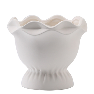 浮雕奖杯花朵边素烧陶瓷花盆白陶土透气自吸水粗陶带托盘绿植多肉