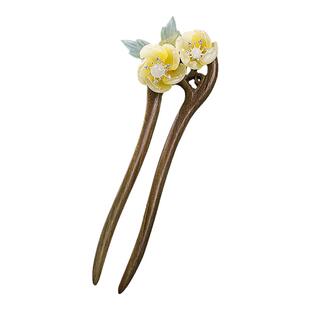 绿檀木手工u型发簪穿花清雅古风清冷感发钗女新中式发饰高级礼盒