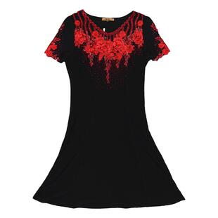 （清货LXL）凯沙妃2026夏季桑蚕丝短袖连衣裙重工刺绣黑红色尾货