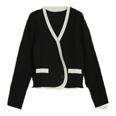 墨蒂珂单排扣V领撞色针织开衫