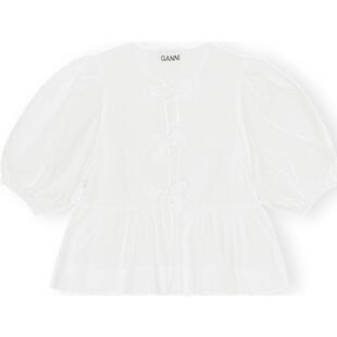 GANNI女装 白色系带泡泡袖棉府绸衬衫上衣