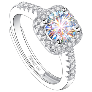 一克拉方糖小戒指银999纯银莫桑钻钻戒求婚结婚女士情侣对戒女戒