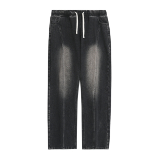 纺布者大码男装美式街头松紧腰渐变牛仔裤大码潮牌阔腿直筒牛仔裤