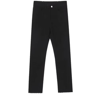 黑色毛边高腰直筒牛仔裤女加绒2025年冬季新款法棍薄绒九分烟管裤