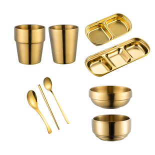 韩式304不锈钢烤肉餐具套装金色筷子勺子水杯味碟饭碗骨碟蘸料盘