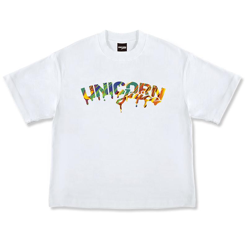 JuiceUnicorn 2025夏重磅纯棉落肩短袖男女彩虹色流体艺术字潮牌T