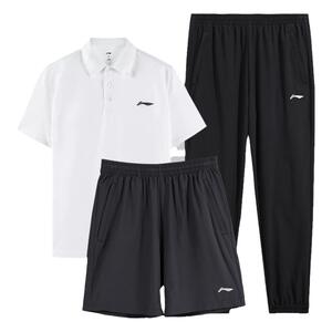 李宁三件套纯棉Polo衫短袖2024夏季新款父亲运动套装翻领男爸爸装