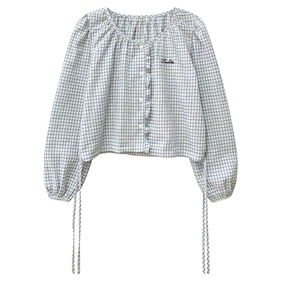 现货！法式甜美绑带小格子衬衫26春季新品韩国刺绣字母长袖上衣女