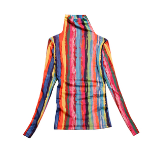 竖条纹上衣女欧洲站2025秋季新款高领网纱打底衫印花条纹长袖t恤