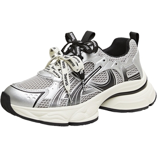 天美意双鞋带厚底银色老爹鞋女复古休闲运动鞋2026春新款BM501AM6