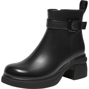 百思图2025冬季商场新款通勤牛皮圆头粗高跟女黑色短靴H6815DD5