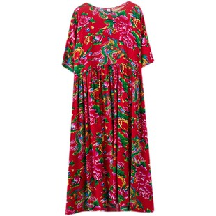 夏季东北大花棉绸气质减龄连衣裙大码遮肚宽松人造棉家居服睡裙女