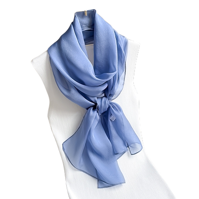蓝色纯色真丝丝巾小长条围巾