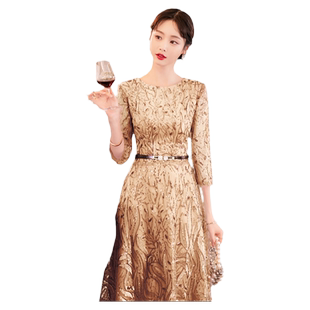 金色晚礼服女高级感轻奢小众高端小个子年会主持人连衣裙气质高贵