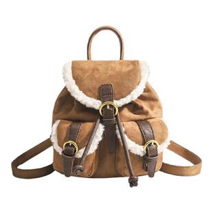UR包包女秋冬美拉德风羊羔毛拼接双肩包学生上课书包麂皮绒水桶包