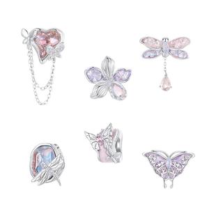 通体纯银吊坠串珠粉色蝴蝶蜻蜓钥匙珠子925纯银饰品配件diy手链