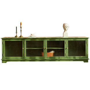 美式实木复古电视柜小户型地柜收纳储物柜一体绿色玻璃门客厅家用