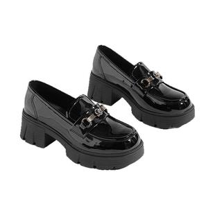 星期六漆皮厚底乐福鞋女2025春秋新款粗跟单鞋一脚蹬英伦风小皮鞋