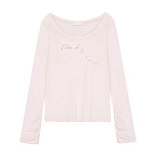 kleesier韩国直邮正品字母印花斜肩显瘦时尚粉色甜美长袖T恤衫