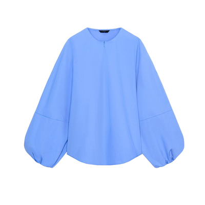 春季新款女装欧美休闲宽松圆领半拉链气球袖府绸衬衫 2140529