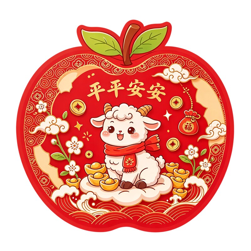 苹果造型羊年墙贴平平安安卡通小羊祥云元宝福袋新春喜庆装饰贴纸