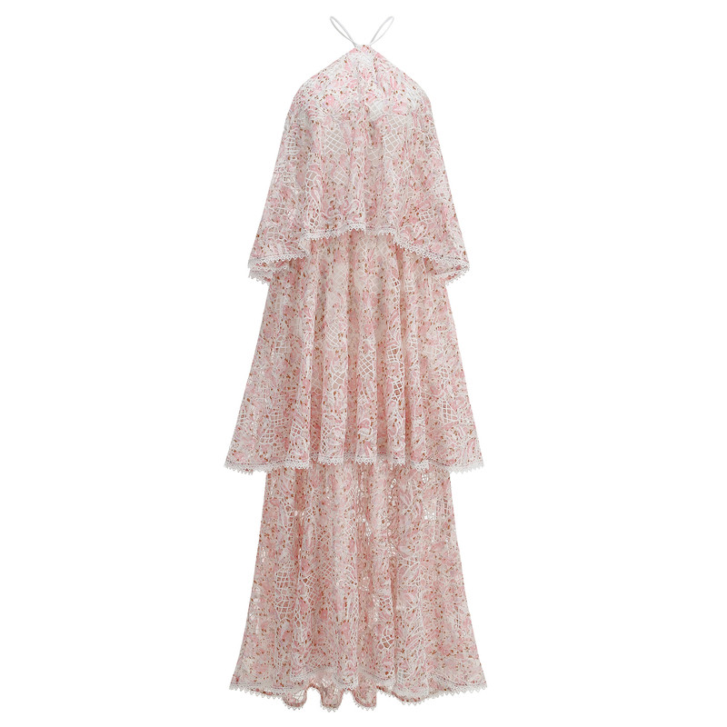 法式挂脖蕾丝蛋糕派对晚礼服裙女