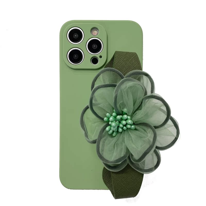 唯美绿色纱花腕带挂绳防摔手机壳