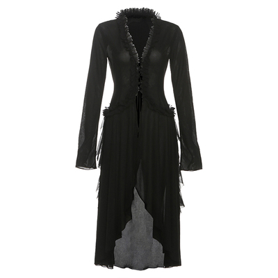 暗黑设计感系带斗篷式长袖T恤女