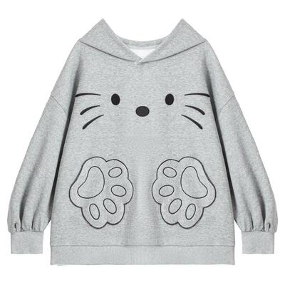 KEIKO 可爱猫咪刺绣灰色卫衣外套女2026春季韩系宽松慵懒风连帽衫