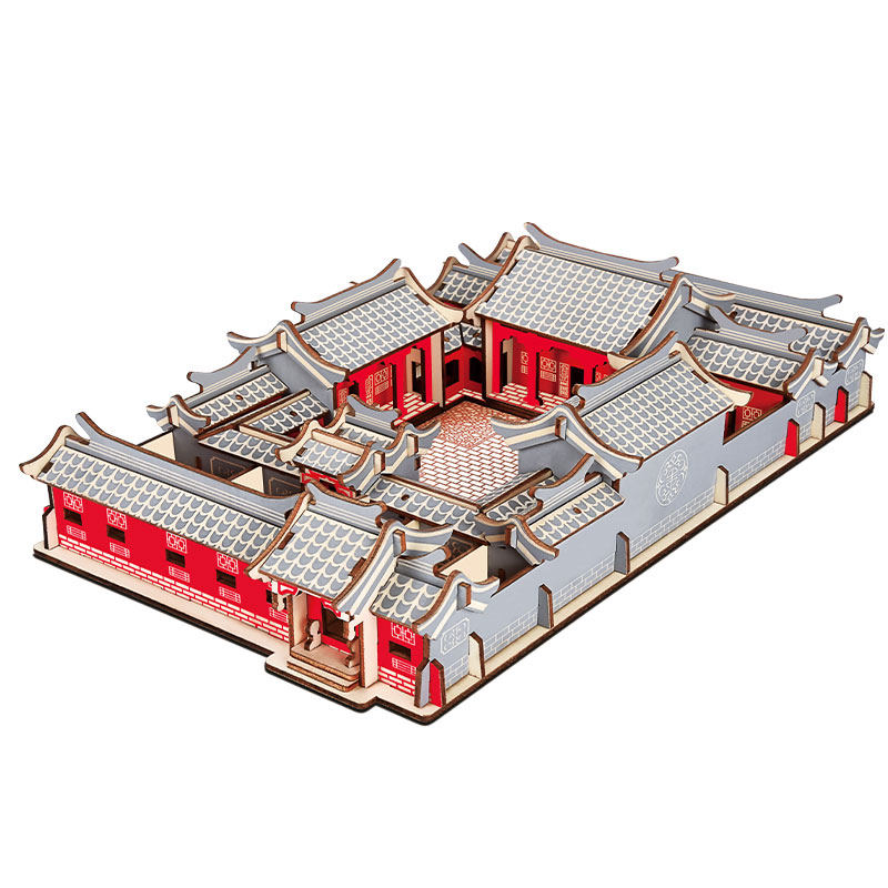 木质北京四合院3d立体拼图模型 古风建筑榫卯积木diy儿童益智玩具