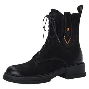 甜酷~英伦风粗跟复古风圆头马丁靴女棕色系带皮带扣金属秋冬短靴