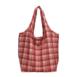 秋冬红色格纹拉链帆布包女韩系慵懒风大容量手提腋下单肩包通勤